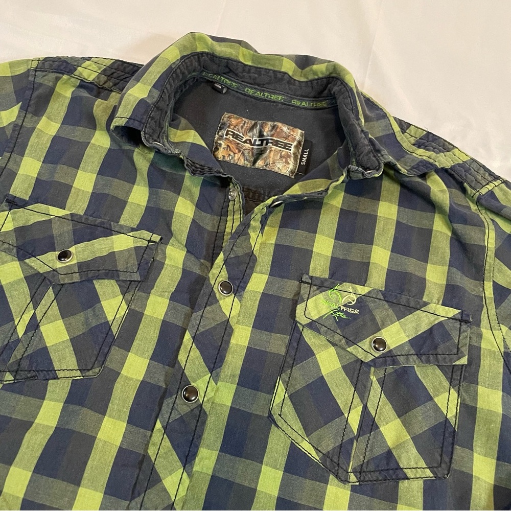 Realtree Mens Small Green Black Buffalo Plaid Long Sleeve Snap Button Down Shirt